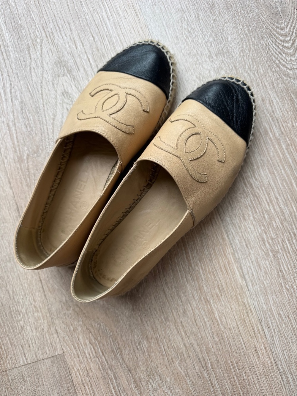 CHANEL Beige and Black Espadrille Flats